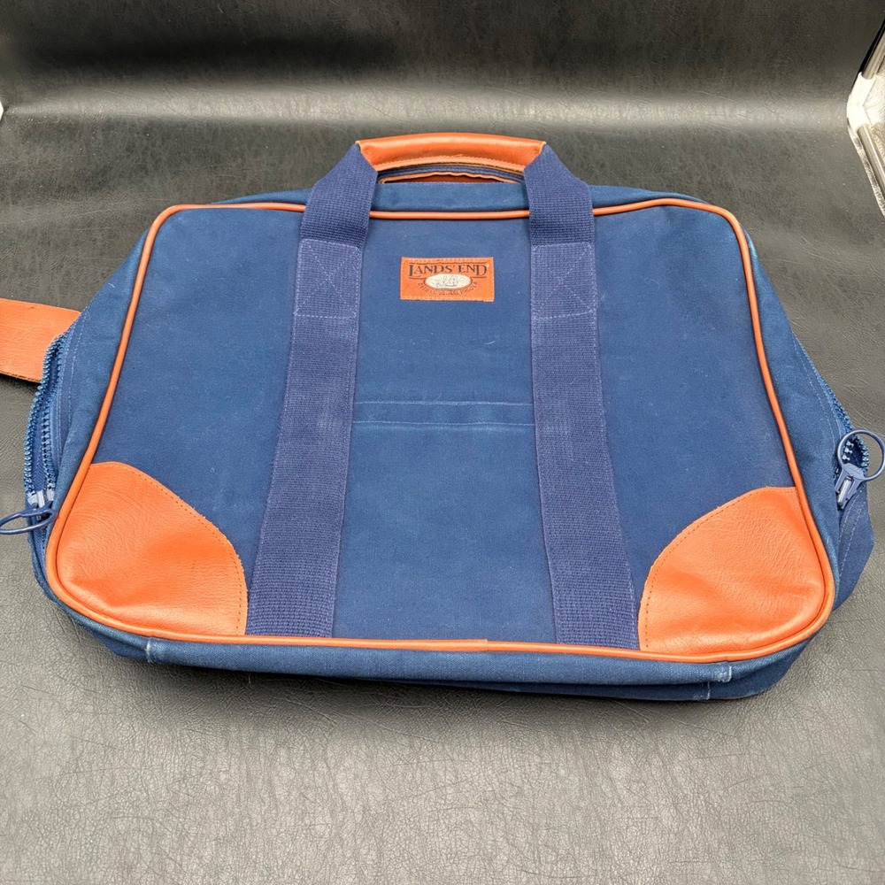 Lands End Deluxe Square Rigger Briefcase Navy Canvas Leather Trim Laptop Bag JVC
